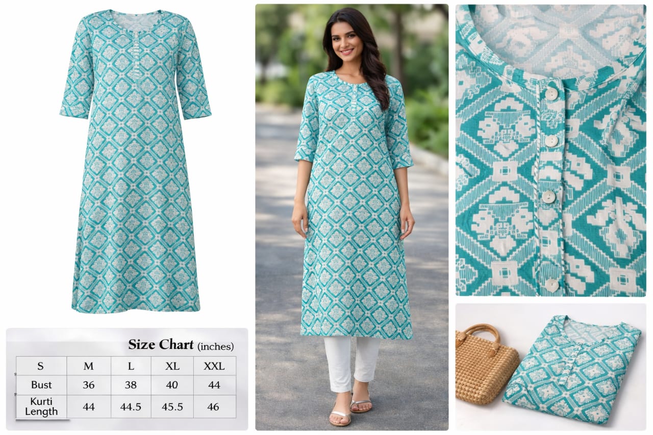 ThreadFash Sky Blue Geometric Print Kurti - Contemporary Ethnic Style